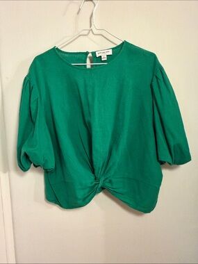Marc New York Emerald Green Knot-Front Puff Sleeve Blouse Large